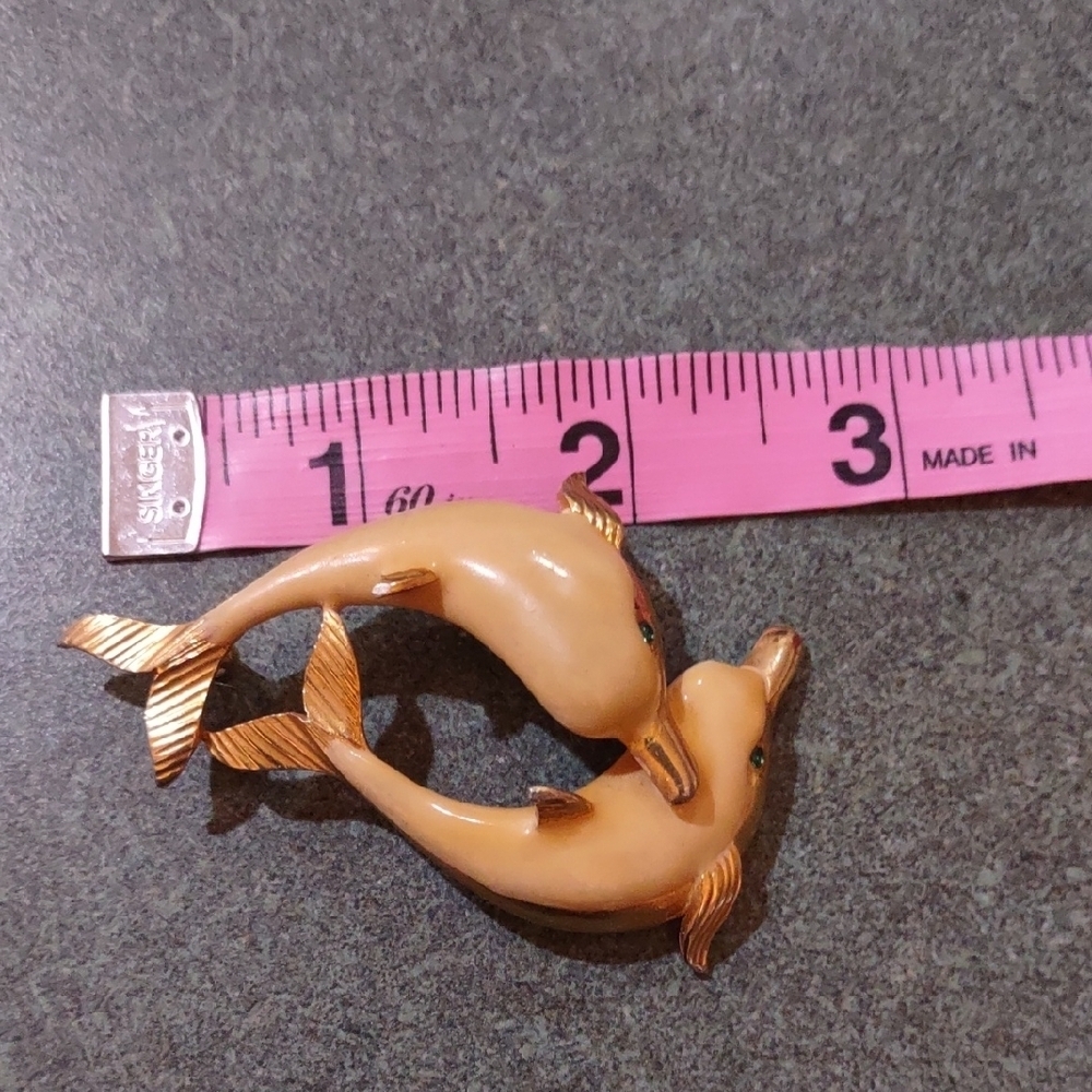 Charming Vintage Gold and Tan Dolphin Pendant - Picture 5 of 5
